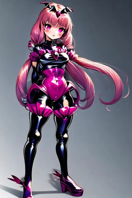 1girl, solo, Bad_End_Precure, Bad_End_Happy, muscular female, pink hair, pink eyes, latex, frilly bodysuit, standing, fighting, fly, magic, masterpiece, cure_happy, red gems