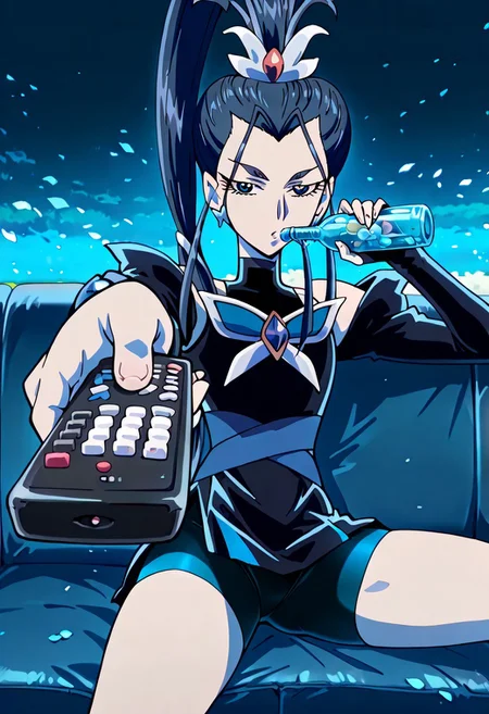 anime screencap, anime art style, yes! precure 5, dark precure 5, dark aqua, precure, 1girl, solo, jewelry, earrings, ponytail, long hair, bike shorts, magical girl, detached sleeves, black hair, blue theme, shorts, looking at viewer, blue eyes,sitting, holding bottle, holding remote control, controller, on couch, drinking, looking at viewer, food