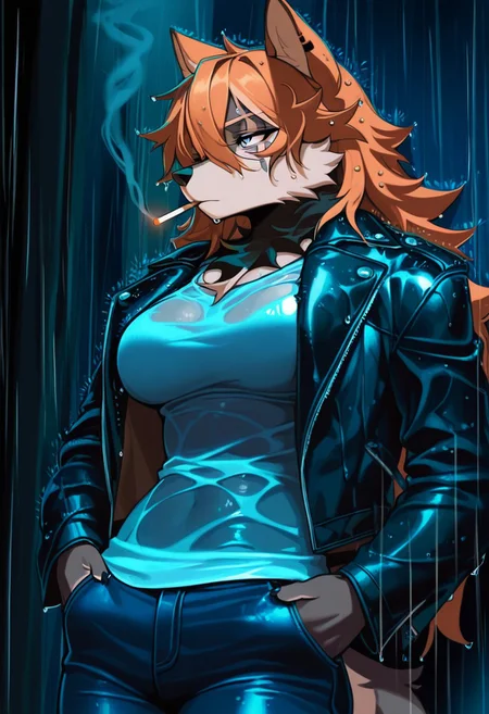 score_9_up, score_8_up, score_7_up, night, rain, alleyway, BREAK kuonTelson, wolf, furry, breasts, blue eyes, orange hair, brown fur, facial scar, solo, standing, hands in pockets, open jacket, shirt, leather jacket, smoking, cigarette, rain, looking away, standing, wet fur, jeans, wet clothes, wet hair, wet fur, dark, rain, wet