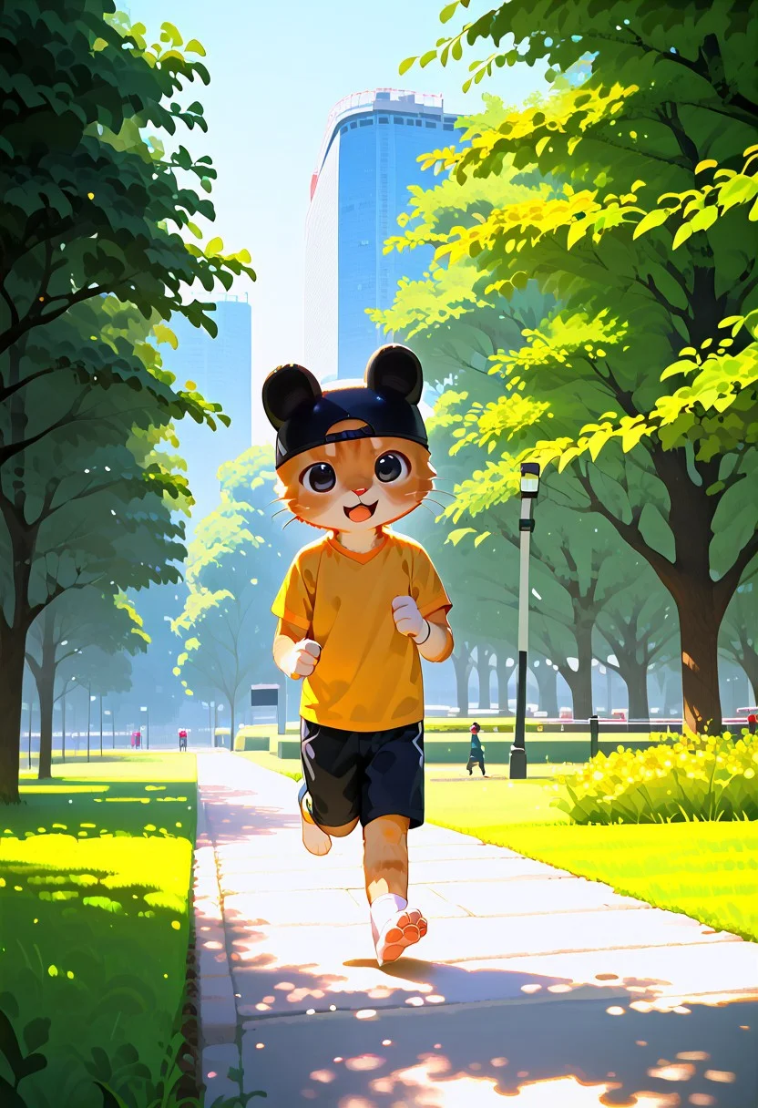 watashigu, score_9, score_8_up, score_7_up, (Mametchi), 1boy, solo, detailed background, park, open mouth, black eyes, black hat, cute, furry, running, yellow, skin, zPDXL3