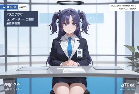 1girl, 
blue archive, yuuka \(blue archive\), 
nwscstr, newscaster, announcer, female announcer, news, breaking news, studio, fake screenshot, <lora:newscaster_illustrious:0>
business suit, 
cowboy shot, own hands together, sitting, pov across table, table, hands on table, pencil skirt,