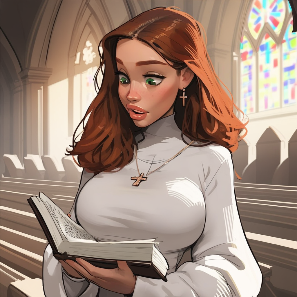 score_9, score_8_up, score_7_up, score_6_up, score_5_up, score_4_up, rating_questionable,  cute redhead mature woman, (36 years old:1.5), dark brownhair and green eyes, wide hips(1.6), large breasts, wearing a conservative dark grey  church going outfit, <lora:incase-ilff-v3-4:0.5>,  <lora:samdoesartsPony:0.6>, masterpiece,  <lora:RaiouPDXL:0.4> lips, bimbo, standing at church reading a bible,  <lora:Jabstyle_AMXLV1:0.6> Jabstyle,