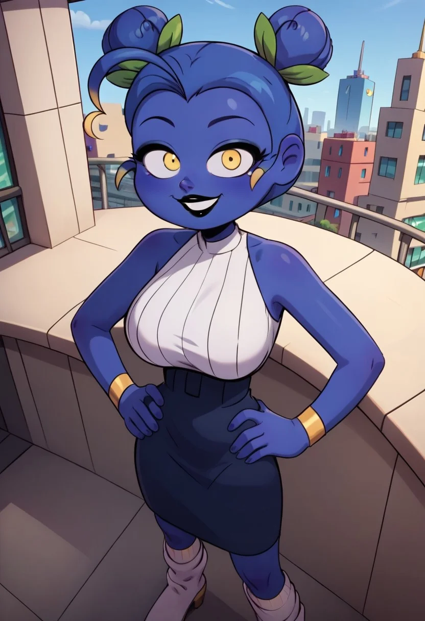 ((city background)),score_9, score_8_up, score_7_up,score_6_up,
1girl, Solo, Zulmi_MT, blue skin, two high buns, green leaf hair accessory, blue hair, yellow eyes, black eyeshadow, black lipstick, white sleeveless blouse, dark blue skirt with blueberry patch, golden bracelets, long white socks, lavender slouchy boots, big eyes, tall stature, social smile, perfect eyes, perfect smile, looking at the viewer, big breasts, detailed eyes, perfect eyes, cute, standing, 5 fingers, perfect hands, (hands on hips) (high-angle view:1.3, front view)