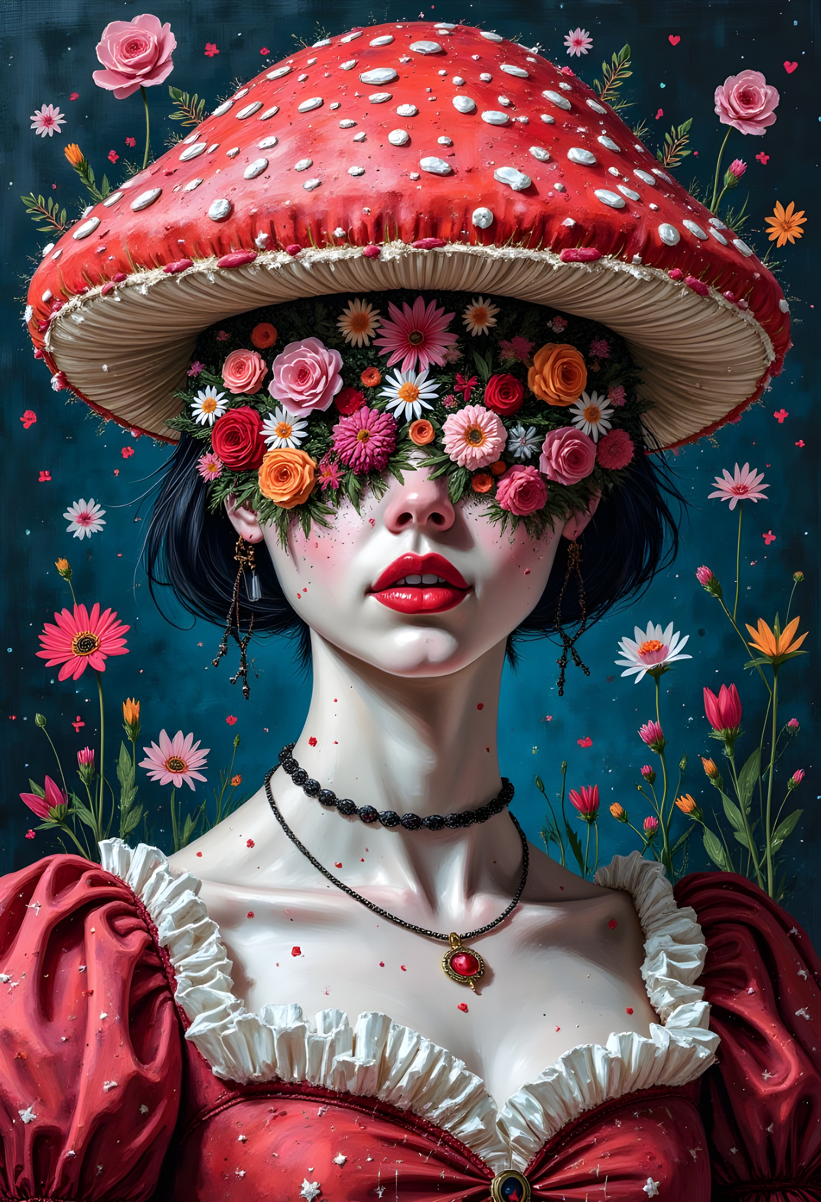cinna flow, mosaic of a close-up of the upper body of a white mushroom-headed short-haired gothic vampire bubblegum princess, beautiful neck and collarbone, tudor royalty, her face is replaced by flowers of various colors, beauty and horror, in neon colors, Paul Klee, Howard Finster, hyperrealistic