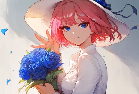 score_9, score_8_up, score_7_up, read_description, highly detailed, 1girl, ((solo)), nakano nino, butterfly hair ornament, 1girl, blue eyes, pink hair, short hair, hair ornament, hair ribbon, white summer dress, white hat, holding a bunch of roses, light smile, looking at viewer, waving, holding bouquet, petals, blue rose, perfect hands, perfect eyes
<lora:quintessential_quintuplets:1>