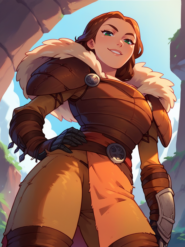 score_9, score_8_up, score_7_up, 1girl, dynamic pose, cowboy shot, looking at viewer, sexy pose, sexually suggestive, naughty face, dutch angle, valley, vegetation, hand on hips, from below, 
 <lora:AValka_character:0.8>, ValkaXL, brown hair, green eyes, armor, shoulder armor, pauldrons, fur trim, gauntlets, cartoon, <lora:KajinmanLycoXL:0.7>,