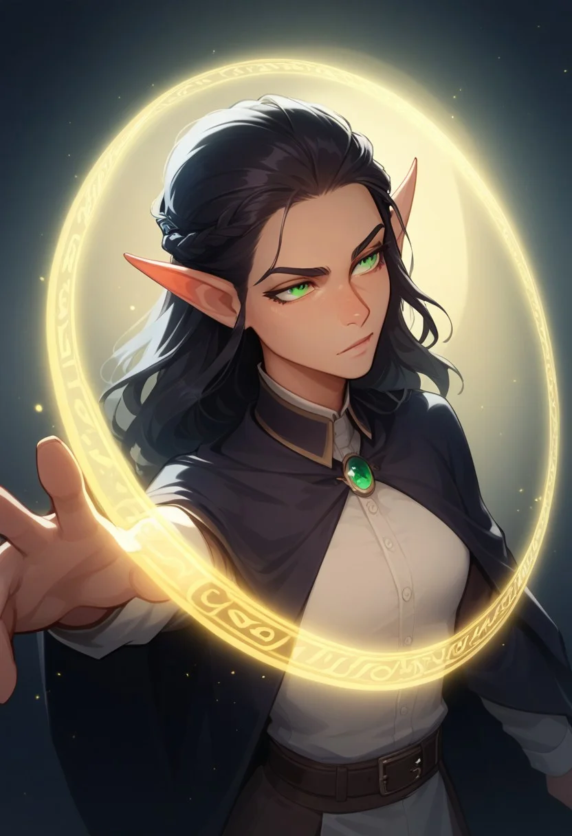 score_9, score_8_up, score_8, 1 elf man, solo, rugged face, half lidded eyes, long hair tied back, green eyes, cowboy shot, threatening aura, dark romance, neutral expression, hard jawline, conjuring magic spell, casting spell, magic aura, glowing particles, dynamic pose, detailed background, dynamic angle, volumetric lighting, cinematic lighting