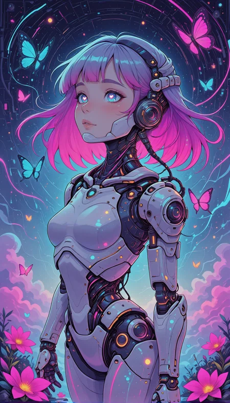 stylized, in soft warm hues, 1girl, ethereal neon glow, intricate robotic arm, looking up at a floating holographic butterfly, dreamy and surreal masterpiece, best quality, amazing quality, very aesthetic, absurdres, detailed eyes, newest, pinkneoncybercore, <lora:PinkieNeonCybercoreIL:1>,