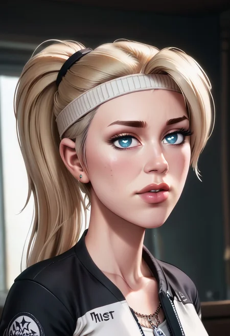 score_9, score_8_up, score_7_up, score_6_up, PRSNL_3_1, uncensored, pupils black dots, lips,
upper body, best quality, masterpiece, 4k, realistic, warm light,
MKSonya, 1girl, blonde hair, ponytail, blue eyes, long hair