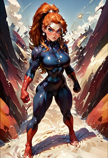 score_9, score_8_up, score_7_up, source_cartoon, rating_safe, graphic novel, line art, digital painting, best quality, looking at viewer, hourglass figure, round breasts, beautiful, blue superhero girl, patriot, patriotic, American, strong woman, skinny, strong, long hair, orange hair, ((redhead)), blue eyes, pointy nose, ponytail, oiled skin, long eyelashes, brown eyebrows, eyeshadow, athletic fit body, defined muscles, strong biceps, defined glutes and leg muscles, ((white star:1.5)), star centered on chest, blue superhero outfit, long sleeves, red accents, elbow-length red gloves, armored gloves, heroic, fist, punch