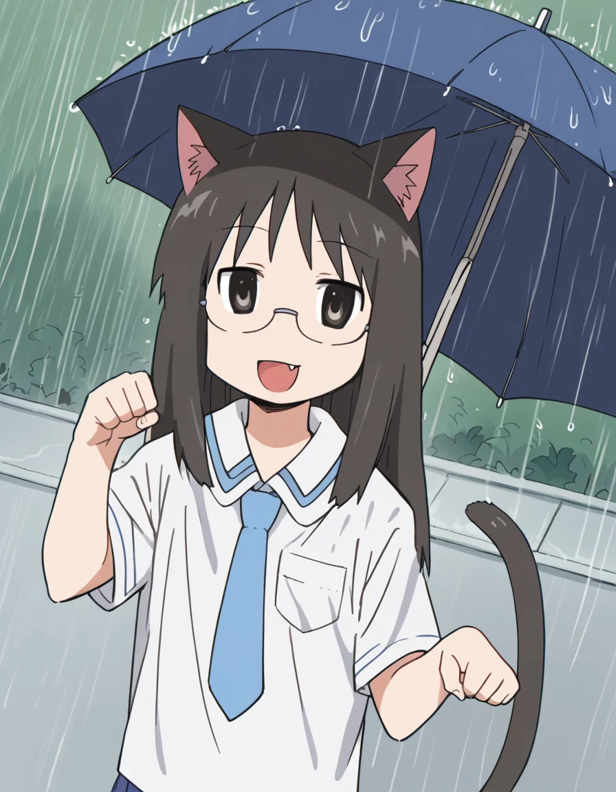 score_9, score_8_up, score_7_up, source_anime, <lora:mai-minakami-s1-ponyxl-lora-nochekaiser:1>, mai minakami, long hair, black hair, glasses, black eyes,, skirt, school uniform, necktie, tokisadame school uniform, rainy day, umbrella, walking home, puddles, wet hair, smile, <lora:paw-pose-ponyxl-lora-nochekaiser:1>, paw pose, cat ears, cat tail, animal ears, tail, cat girl, open mouth, fang, whiskers,, looking at viewer, solo,, dutch angle, cowboy shot