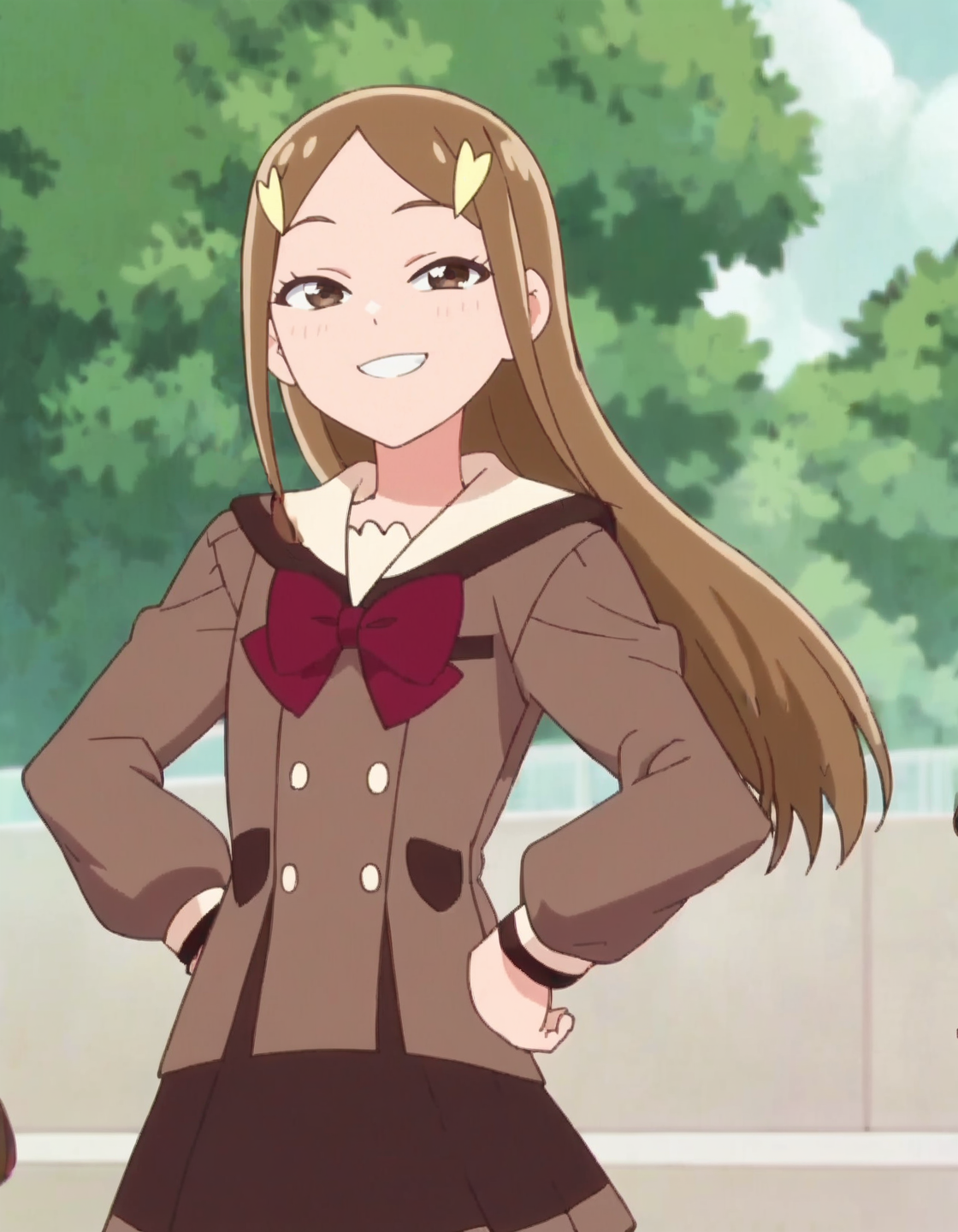 score_9, score_8_up, score_7_up, anime screencap, solo,1girl,kitzunezaki,  smile,brown school uniform, skirt, hair ornament, cowboy shot <lora:kitsunezaki:0.8>