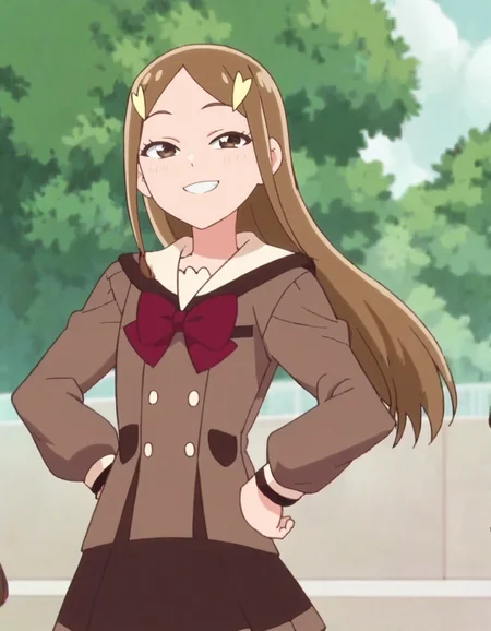 score_9, score_8_up, score_7_up, anime screencap, solo,1girl,kitzunezaki, smile,brown school uniform, skirt, hair ornament, cowboy shot <lora:kitsunezaki:0.8>