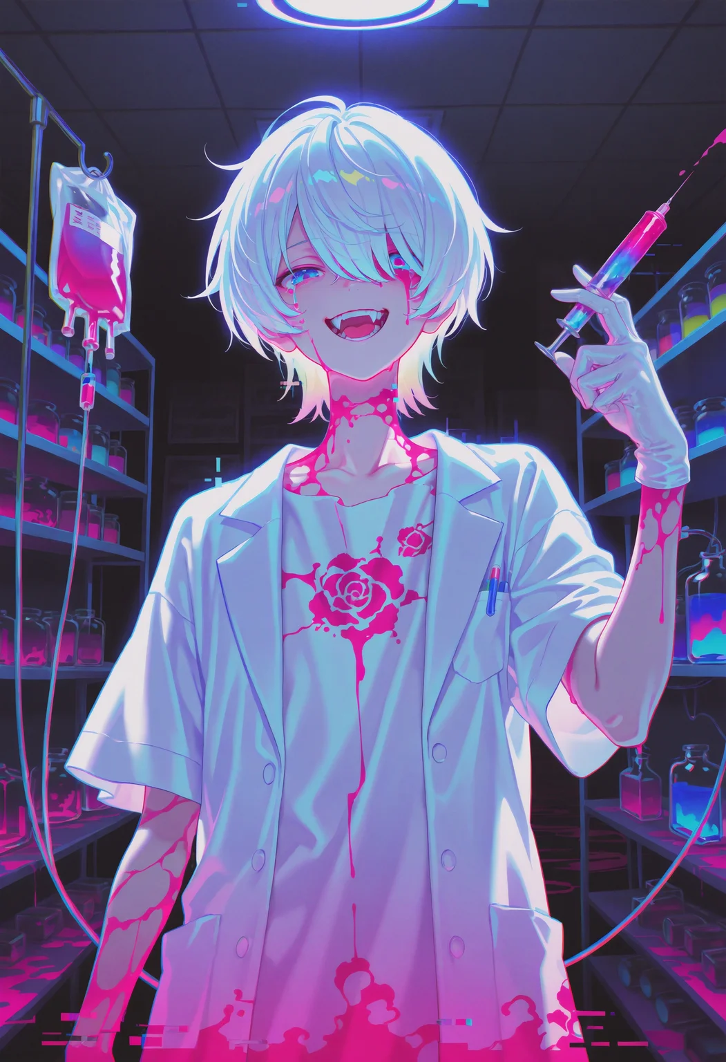 (masterpiece, gradient, recent, good_quality, high_quality, newest, very aesthetic, vibrant_background, abstract_background, colorful, anime_coloring:1, vectortrace:1, flat_colors:1)
(BV-Illu, (glitch:1.3, holding_syringe), dark_theme, 1boy, backlighting, blood, blood_in_hair, blood_on_neck, blue_blood, floral_pattern, red_corruption, slime_\(substance\), clenched_hand, blue_eyes, colored_tears, fangs, grin, hair_over_one_eye, hand_up, male_focus, one_eye_covered, open_mouth, pink_blood, shirt, short_hair, rainbow_gradient, neon_green, short_sleeves, lab_coat, blood_on_clothes, white_gloves, medical_instrument, pink blood, ceiling_light, shelf, intravenous_drip, intravenous_bag, liquid, pill_bottle, laboratory, smile, solo, teeth, tongue, white_hair, white_shirt, white_theme)