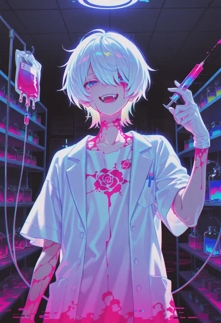 (masterpiece, gradient, recent, good_quality, high_quality, newest, very aesthetic, vibrant_background, abstract_background, colorful, anime_coloring:1, vectortrace:1, flat_colors:1)
(BV-Illu, (glitch:1.3, holding_syringe), dark_theme, 1boy, backlighting, blood, blood_in_hair, blood_on_neck, blue_blood, floral_pattern, red_corruption, slime_\(substance\), clenched_hand, blue_eyes, colored_tears, fangs, grin, hair_over_one_eye, hand_up, male_focus, one_eye_covered, open_mouth, pink_blood, shirt, short_hair, rainbow_gradient, neon_green, short_sleeves, lab_coat, blood_on_clothes, white_gloves, medical_instrument, pink blood, ceiling_light, shelf, intravenous_drip, intravenous_bag, liquid, pill_bottle, laboratory, smile, solo, teeth, tongue, white_hair, white_shirt, white_theme)