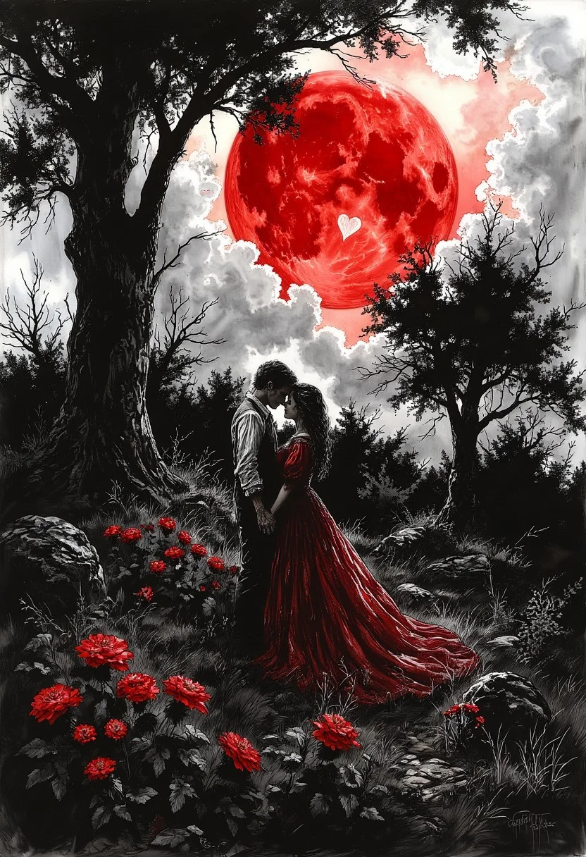 a man and a woman standing lovinglybin a flowery field of grass. Old leaf filled trees stand in de background. A red rising moon shines high in the sky. there is a white heart in the middle of the moon. Light clouds cover part of the sky. There is a slight bit of rain and a rainbow