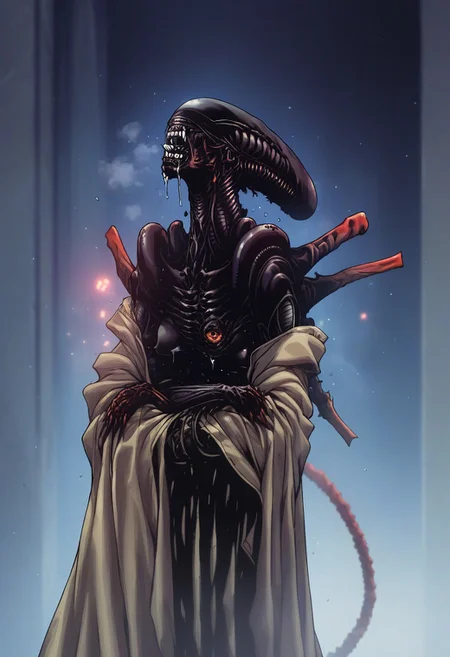 score_9, score_8_up, score_8_up, source_furry,source_hentai, rating_explicit,, , feral,1xenomorph, ultra detailed, (score_9, score_8_up:1.1), score_7_up, ,,source_anime, rating_explicit, , (feral,animal, female), xenomorph futanari, scaly , scales, crimson glowing scales, ancient god xenomorph beast, alluring, huge breasts, puffy nipples, red eyes , curved back horns, black horns with red glowing pattern,, black skin, (long neck:0.5), naughty , slutty,sexy, Expressiveh, detailed skin, gigantic, hills, peaks, outdoor, wings,, portrait, steaming, wet, Tbtniki style, dark atmosphere, fire particles, night, BREAK, standing, heavy breathing, dramatic lighting,film grain, motion lines, movement, VHS filter,nsfw,((portrait, breasts focus, (front view:0.8), 1990s \(style\), anime movie, blurry background, mythical dragon, beautiful and intimidating face, open mouth, showing tongue