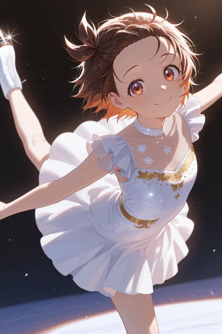masterpiece, best quality, absurdres, safe
1girl, yuitsuka inori, ice skates, spread arms, leg up, smile, closed mouth, white dress
dark background, backlighting
<lora:ice_skates_il_1_d16:1>
