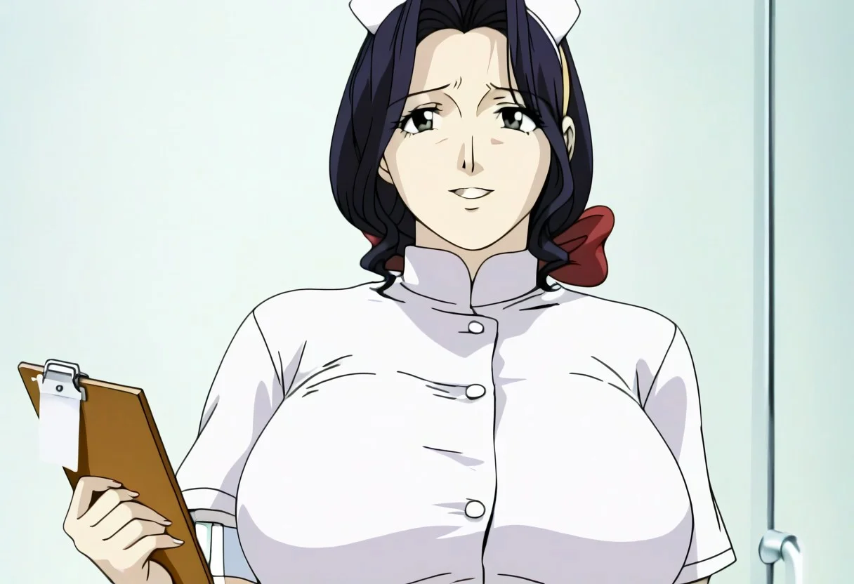 (huge breast),housewife,black hair,medium hair tied by red hairbow yellow headband, middle aged, thin eyebrow,round solid breast,(older woman,beautiful body),mature mom, hourglass shape_body,moles, moles under left eye,warm face,middle aged face(wise),(saggy_breast:1.0),look to viewer,less color, (realistic body, realistic face,detailed face,detailed hair),old anime artstyle,parted_mouth,shining_eyes,retro artstyle, anime screencap, source anime, perfect face, perfect body, ,open_mouth, smile
bmstyle anime nurse woman: A curvy nurse with medium breasts in a tight white uniform that clings to every curve, with a short skirt that rides up just enough to show off her thighs. She's leaning over a hospital bed, holding a clipboard, her soft smile sharp with a playful edge. The dim glow from the medical equipment casts an alluring glow across the sterile room.