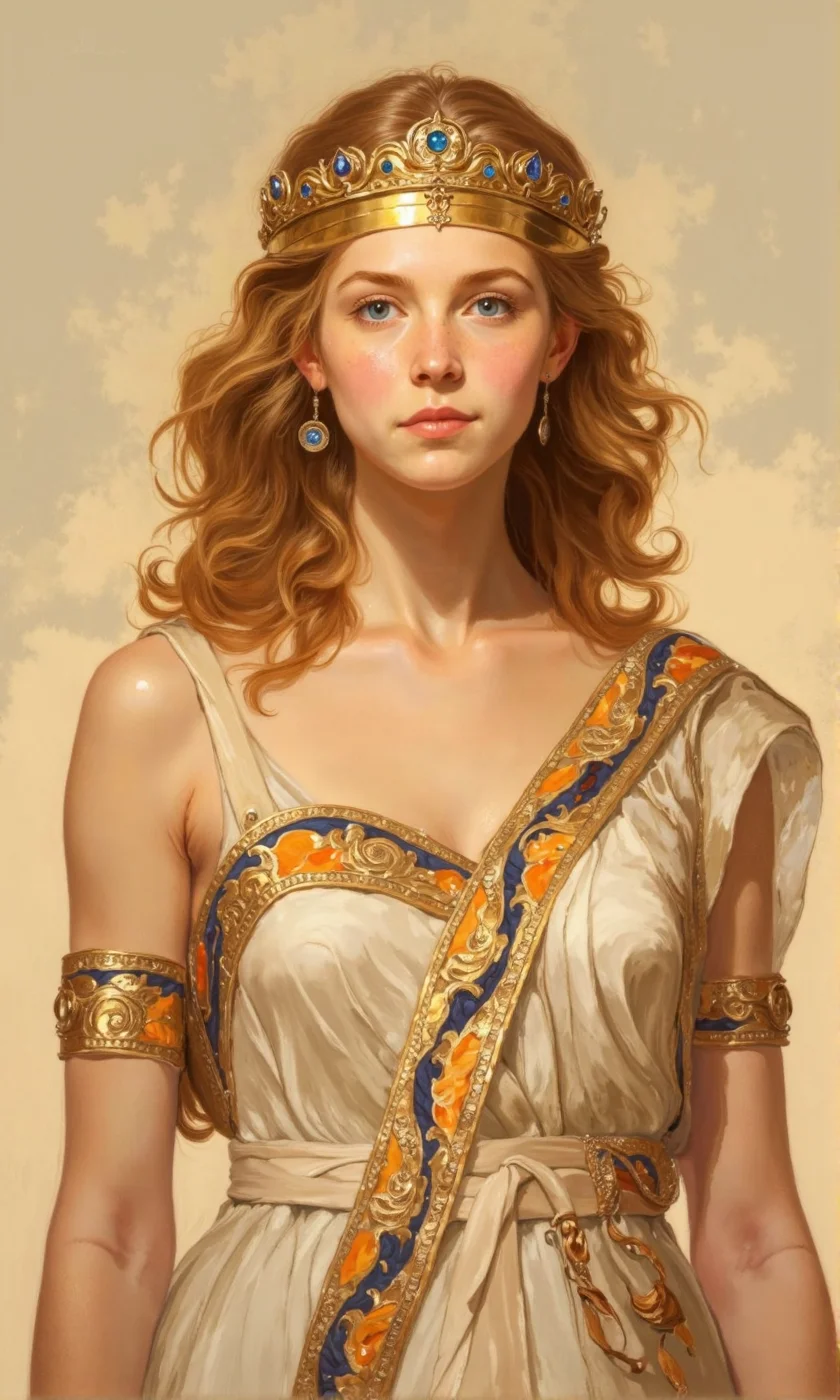 Full shot of a woman, likely a digital painting or illustration, styled as an ancient queen or goddess. 
She has shoulder-length, rich golden-blonde wavy hair.  A golden crown, adorned with blue gemstones, rests atop her head. 
Her facial features are delicate and symmetrical, with light-colored skin, striking blue eyes, and full, rosy-colored lips.  Her expression is serene and composed. 
She is wearing a flowing, off-white robe or toga-style garment with a decorative border. The border features bands of orange-yellow and navy blue, with intricate, stylized patterns interspersed.  
The lighting in the image is soft and warm, casting gentle shadows and highlighting the woman's form and the details of her attire. The background is a muted, light beige color., <lora:FLUX-daubrez-DB4RZ-v2:0.9> DB4RZ, DB4RZ style painting, <lora:ImpurePores:0.85> xlr_skin,