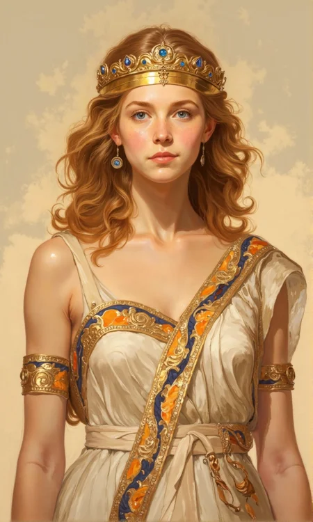 Full shot of a woman, likely a digital painting or illustration, styled as an ancient queen or goddess. 
She has shoulder-length, rich golden-blonde wavy hair.  A golden crown, adorned with blue gemstones, rests atop her head. 
Her facial features are delicate and symmetrical, with light-colored skin, striking blue eyes, and full, rosy-colored lips.  Her expression is serene and composed. 
She is wearing a flowing, off-white robe or toga-style garment with a decorative border. The border features bands of orange-yellow and navy blue, with intricate, stylized patterns interspersed.  
The lighting in the image is soft and warm, casting gentle shadows and highlighting the woman's form and the details of her attire. The background is a muted, light beige color., <lora:FLUX-daubrez-DB4RZ-v2:0.9> DB4RZ, DB4RZ style painting, <lora:ImpurePores:0.85> xlr_skin,
