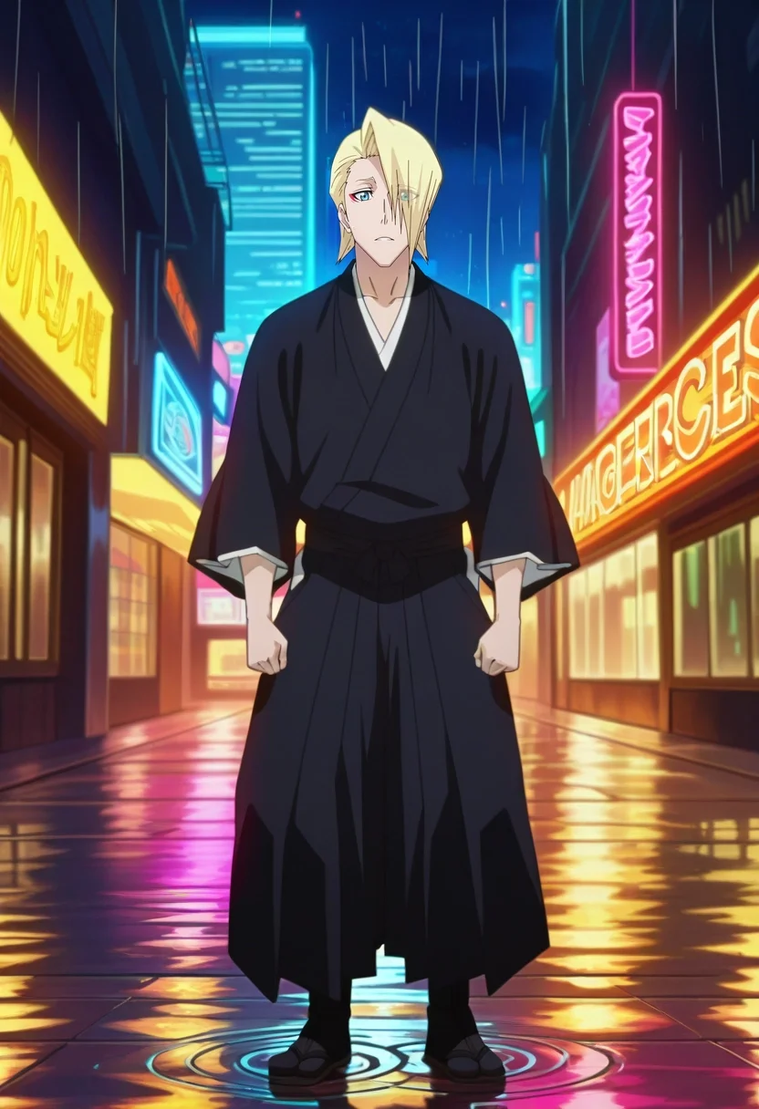 masterpiece, best quality, , anime screencap, , , looking at viewer, 1boy, solo, male focus, <lora:izuru_kira_ilxl:0.98>, izuru_kira, blonde hair, blue eyes, short hair, hair over one eye, black kimono, cyberpunk street, neon signs, hovercars, rain puddles, walking pose, alert expression, night,