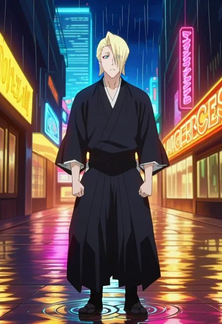 masterpiece, best quality, , anime screencap, , , looking at viewer, 1boy, solo, male focus, <lora:izuru_kira_ilxl:0.98>, izuru_kira, blonde hair, blue eyes, short hair, hair over one eye, black kimono, cyberpunk street, neon signs, hovercars, rain puddles, walking pose, alert expression, night,