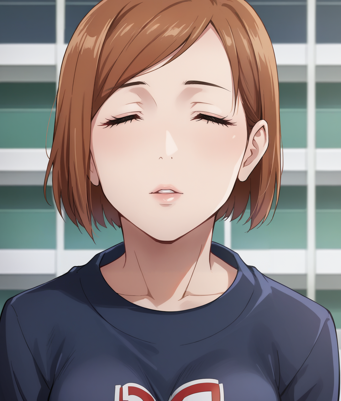 score_9, 1girl,solo,   <lora:Nobara_Pony:0.6> nk, brown hair, brown eyes, short hair, <lora:Incom_Pony-step00001600:0.6> incom, closed eyes, facing viewer, parted lips,cowboy shot,face focus,from above,
