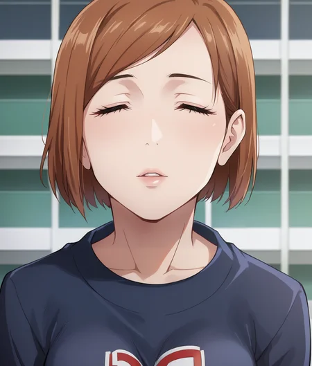 score_9, 1girl,solo, <lora:Nobara_Pony:0.6> nk, brown hair, brown eyes, short hair, <lora:Incom_Pony-step00001600:0.6> incom, closed eyes, facing viewer, parted lips,cowboy shot,face focus,from above,
