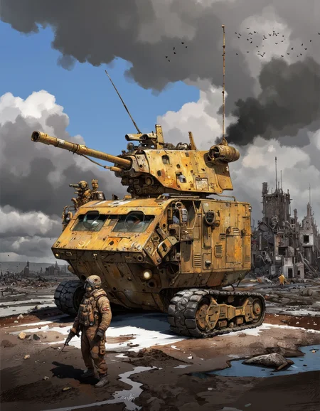 By Ian McQue. A digital illustration shoot from a front camera angle about a futuristic armored vehicle in a post-apocalyptic landscape. the image also shows a soldier in full combat gear, wearing a helmet and holding a rifle, walking towards the armored vehicle. on the middle of the image, a large, yellow, armored vehicle with a large gun mounted on the top, appears to be in a dynamic pose. the vehicle is in the foreground, with a soldier on the ground in front of it. the background features a cloudy sky with a few birds flying, and the ground is littered with rubble and debris. the scene is set in a desolate, industrial environment, with dark, smoky clouds and ruins in the distance. the overall color palette is muted with shades of blue, gray, and brown, giving the image a sci-fi feel.