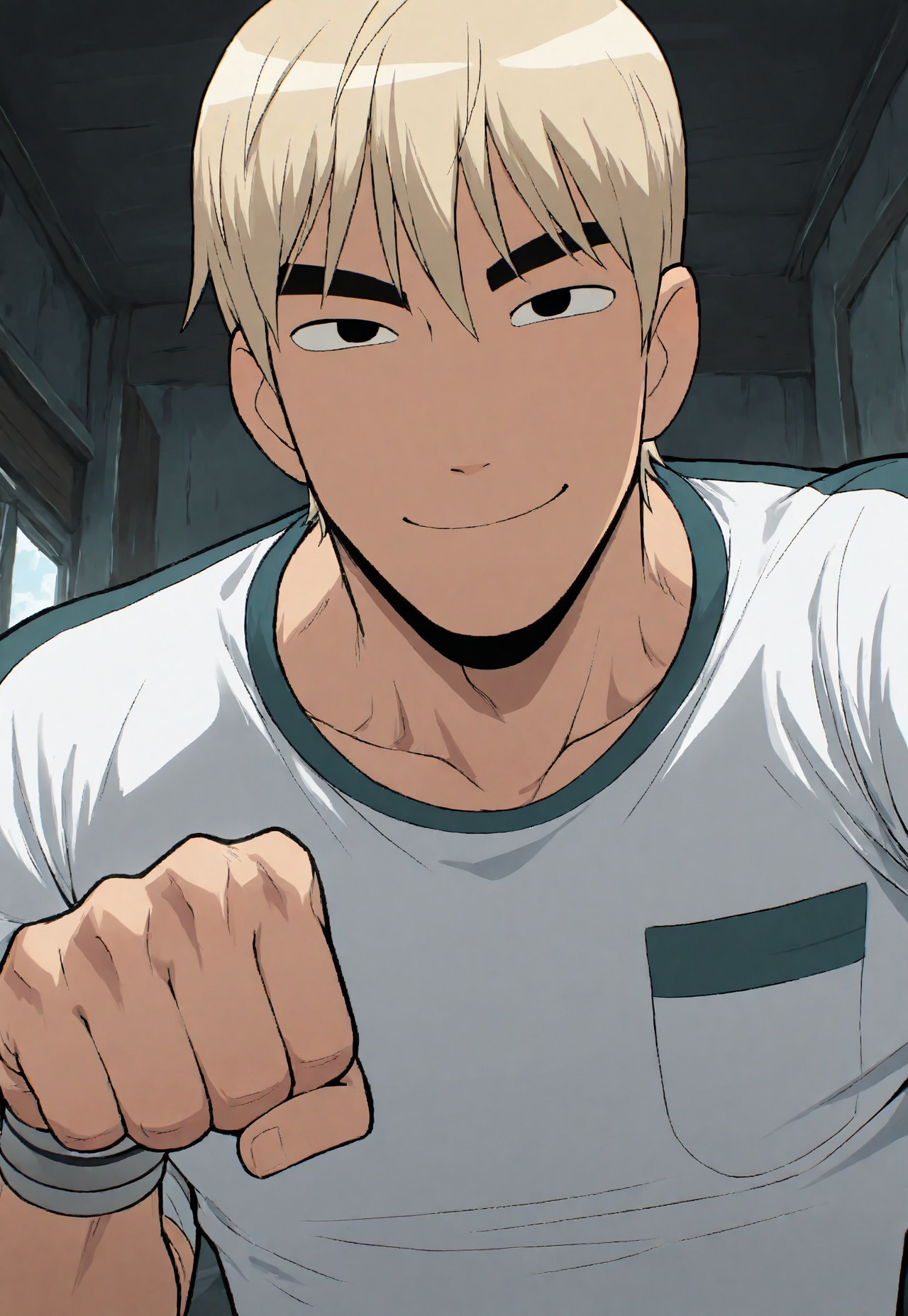 masterpiece, best quality, amazing quality, very aesthetic, absurdres, newest, detailed background, tucas, 1boy, solo, todd, blonde hair, white shirt, smile, fist, reaching towards viewer, close-up