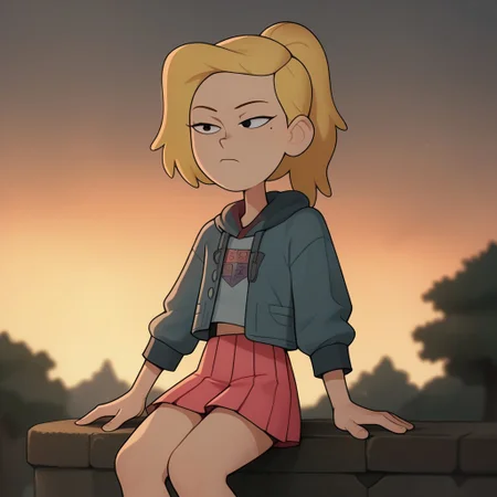 score_9, score_8_up, score_7_up, Loodncrood, 1girl, sasha waybright, blonde hair, ponytail, black eyes, mole under eye, grey hoodie, blue shirt, logo on shirt, pink skirt, pleated skirt, denim jacket, sunset, sitting on a cliff edge, trees