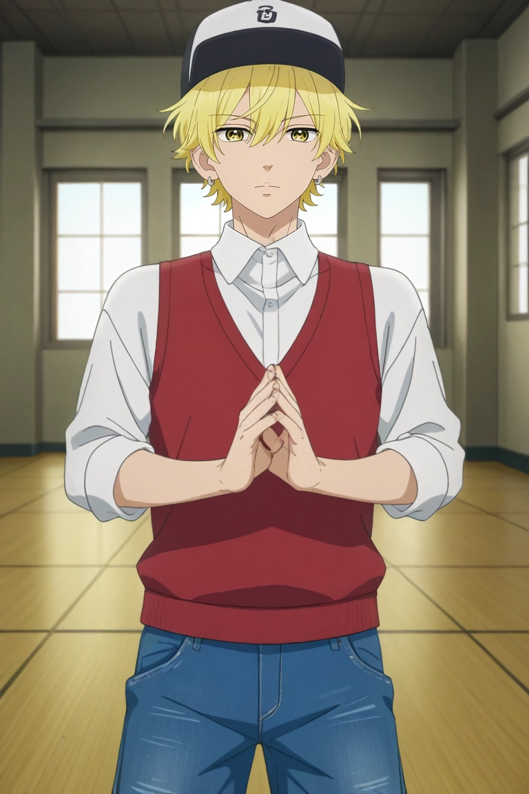 score_9, score_8_up, score_7_up, , rating_safe, , anime screencap, anime coloring, official style, looking at viewer, 1boy, solo, male focus, <lora:kai_miura_pony:0.9>, kai_miura, blonde hair, yellow eyes, short hair, bangs, hair between eyes, earrings, , baseball cap, tech sanctuary, robot temples, data gardens, virtual paths, meditation pose, peaceful expression, artificial lighting, Denim cutoff shorts, Polo sweater vest, Canvas sneakers, , and, <lora:sdxl_lightning_8step_lora:1>