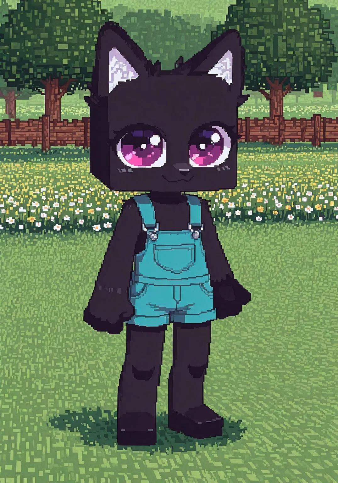 <lora:d3p1x3lXLP:1> d3p1x3l, pixel art, PIXEL STYLE, source_pixel, screencap, spring theme, sfw BREAK 1boy, mikus-sona, femboy, girly, purple eyes, black skin, tall, square body BREAK mikus-concept, full body, big eyes, chibi BREAK mikus-sona, wolf, minecraft style, black ears, pixel style BREAK outside, spring park, flowers, sunny BREAK sharp focus, perfect lighting, anatomically correct, extremely detailed, tranquil setting, high detail, serene and cozy, Expressiveh, detailed background, OverallDetail, zPDXL3