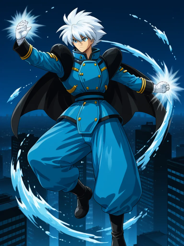 1boy, solo, keithpfone, white hair, spiked hair, blue eyes, shirt, long sleeves, popped collar, shoulder armor, baggy pants, boots, gloves, cape, military uniform, outdoors, night, cityscape, flying, ice magic, dynamic pose, serious, full body