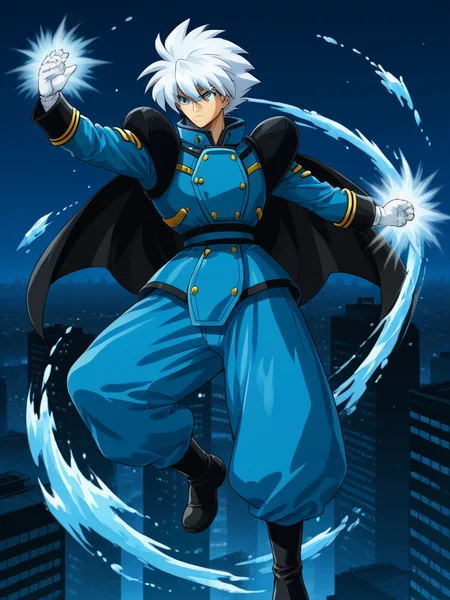 1boy, solo, keithpfone, white hair, spiked hair, blue eyes, shirt, long sleeves, popped collar, shoulder armor, baggy pants, boots, gloves, cape, military uniform, outdoors, night, cityscape, flying, ice magic, dynamic pose, serious, full body