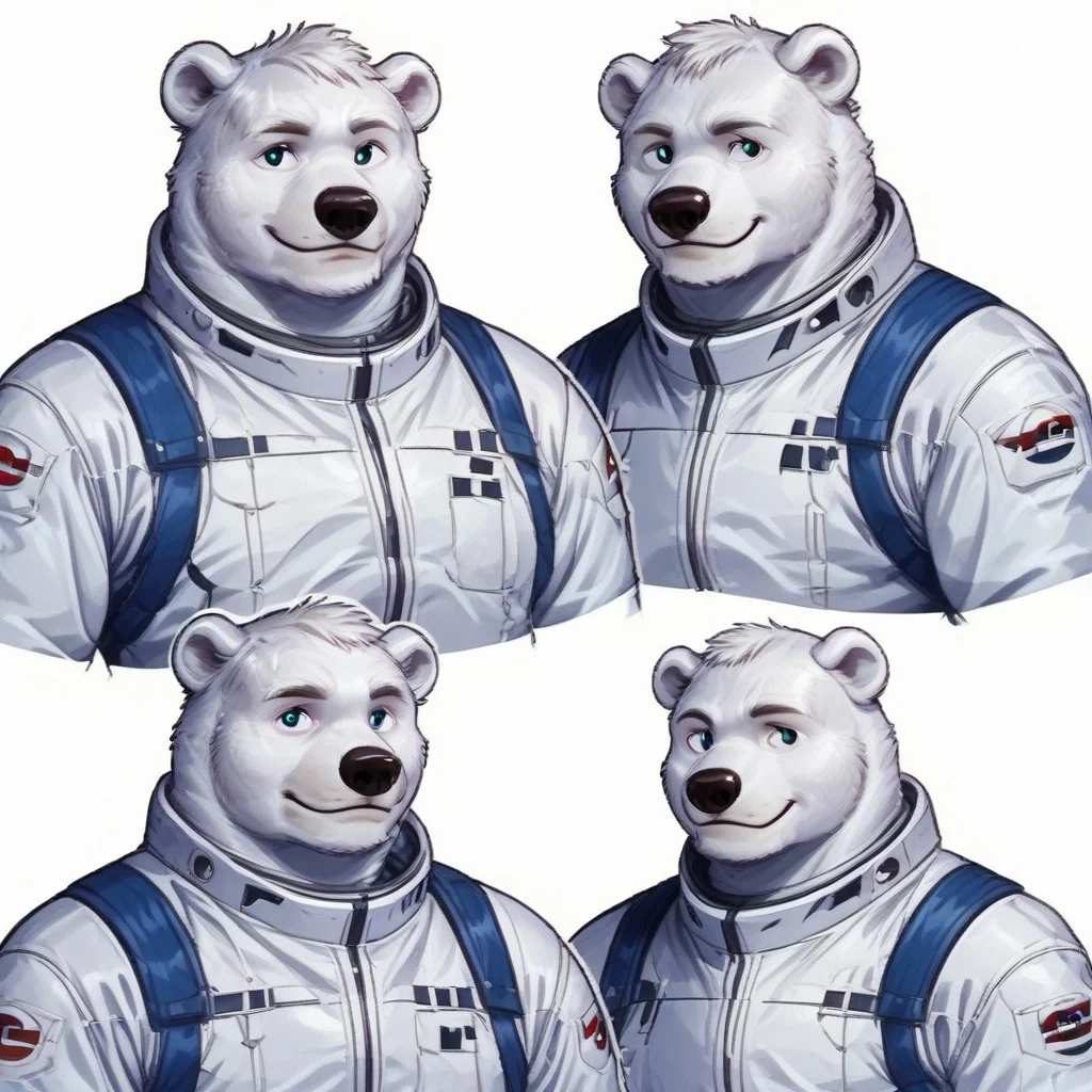 conceptart,multiple views,white background,simple background, male polar bear wearing space suit, smile