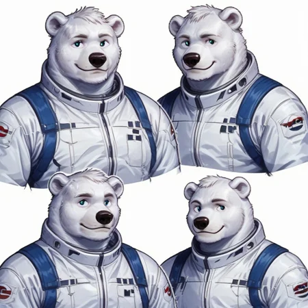 conceptart,multiple views,white background,simple background, male polar bear wearing space suit, smile