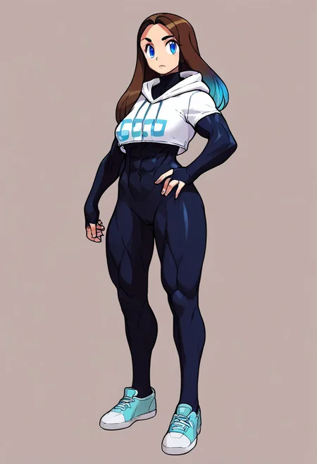 (((Solo))), (((1girl))), score_9, score_8_up, score_7_up, score_6_up,score_5_up,score_4_up, BREAK, jxdhxps character, illustration, bold linework, female, ((breasts)), simple background, grey background, standing, hips, , shoes, light blue eyes, ishikawa hideki style, ((brown hair)), blue tank top,, long sleeve shirt,  crop top hoodie, puffy sleeves, ((white hoodie)), ((parted bangs)), (long bangs), fingerless gloves, sport bra, thigh highs, turtle neck, light blue highlights, ((white skin)), ((black body suit)), muscular female