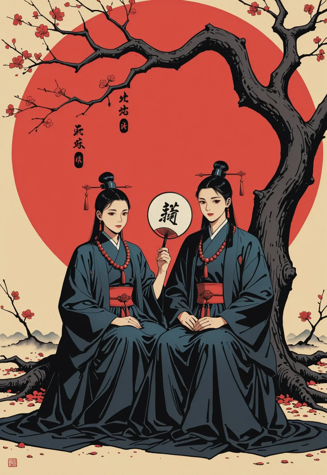 Two women in traditional Chinese garb sit calmly in front of a twisted lychee tree against a vibrant red backdrop. One woman holds a round fan and gazes peacefully forward. Chinese calligraphy ornaments the top right. Art style: classical Chinese ink-painting meets contemporary realism, with stylized outlines, muted shadows, and precise botanical rendering, invoking cultural heritage portraiture.