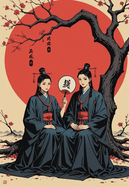 Two women in traditional Chinese garb sit calmly in front of a twisted lychee tree against a vibrant red backdrop. One woman holds a round fan and gazes peacefully forward. Chinese calligraphy ornaments the top right. Art style: classical Chinese ink-painting meets contemporary realism, with stylized outlines, muted shadows, and precise botanical rendering, invoking cultural heritage portraiture.