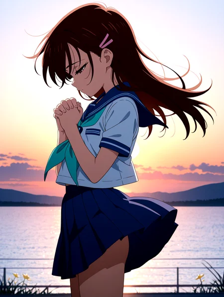 masterpiece,best quality,newest,absurdres,highres,detailed eyes,beautiful,detailed background,perfect eyes,anime coloring,anime screencap,white background,
nsfw,explicit,<lora:add-detail-xl:1>,<lora:ponyv4_noob1_2_adamW-000017:0.8>,wear clothes,
1girl,solo,outdoors,sea skyline,numerous flower(narcissu),sunset,wind lift,narcissu_petals,mid_shot,head down,praying,from side,interlocked fingers,gloom,half-closed eyes,
<lora:IL-SETSUMI-10:1>,narcissu,il-setsumi_sakura,brown hair,brown eyes,school uniform,long hair,white serafuku,pink hairclip,blue skirt,aqua neckerchief,age down,blue sailor collar,