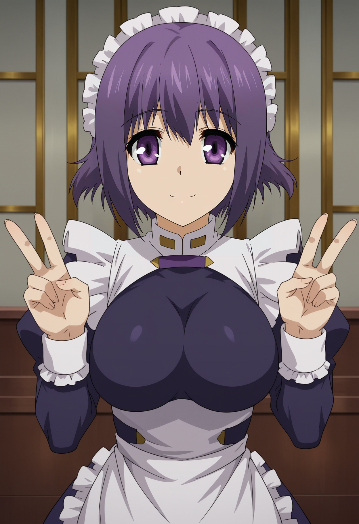 <lora:Cosette_Shelley-Dragonar_Academy:0.8>,1girl,solo,Cosette Shelley,short hair,purple hair,purple eyes,large breasts,,maid,maid headdress,apron,long sleeves,looking at viewer, double v, smile,indoors