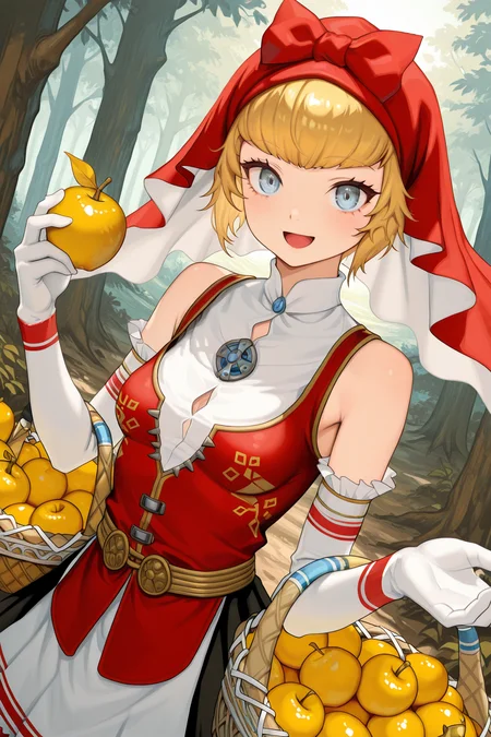 1girl,
IdunnShinMegamiTensei,
general, solo, perspective, dutch angle, upper body,
short hair, blonde hair, detailed eyes,
red hood, elbow gloves,
skirt,
looking at viewer, \:D, holding,
forest, fantasy, fruit, basket,
<lora:kp_IdunnShinMegamiTenseiIllustrious_v1_0:1.0>,
masterpiece, best quality, amazing quality