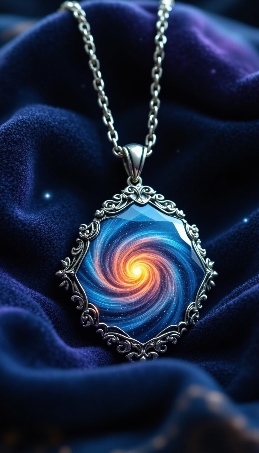 pinkfluxproultrafantasia, 
Enchanted Pendant: A silver pendant with a swirling galaxy inside, suspended over a velvet cloth.