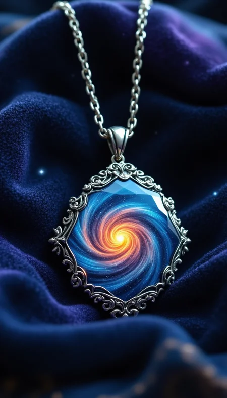 pinkfluxproultrafantasia,
Enchanted Pendant: A silver pendant with a swirling galaxy inside, suspended over a velvet cloth.