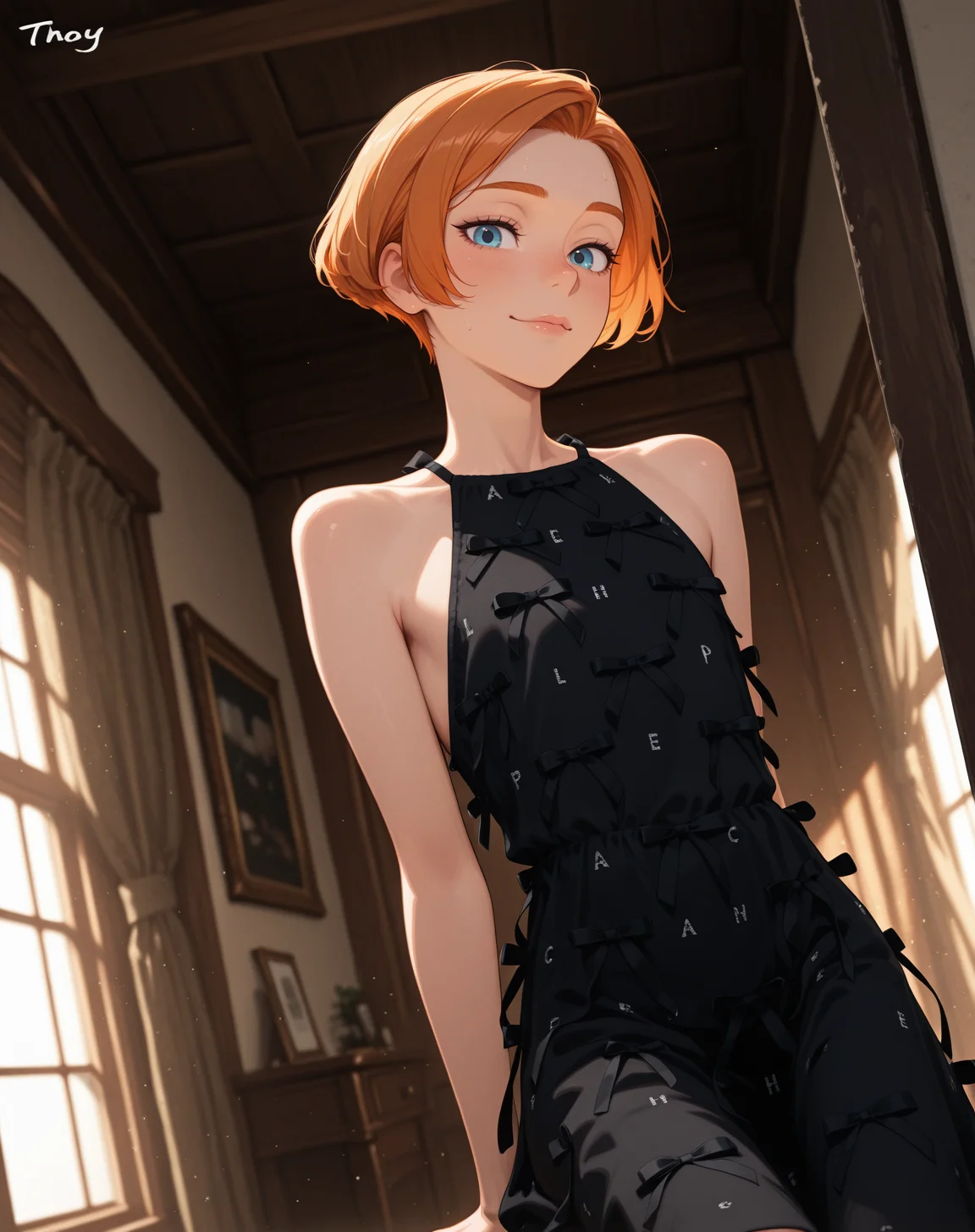 1boy, Rapunzel\(Movie\) style, (Pixar\(movies\):1.15), masterpiece,best quality,amazing quality, volumetric light, newest, Perfect detailed face, solo, Professional illustration composition,
an illustration of an extra skinny femboy, tomboy Trap, Trans girl, shag haircut, short hair, ginger hair, redhead, flat chest, long_body, thin, (mature, 40yo:1.2), Til blue eyes,
<lora:Chanel_2023_LBD_Little_Black_Dress:0.8> Black Dress, ribbon pattern, letter pattern,
BREAK Masterpiece, best quality, amazing quality, HDR, 4K, volumetric light, newest, Perfect detailed face, Pixar\(movies\), Disney Princess,