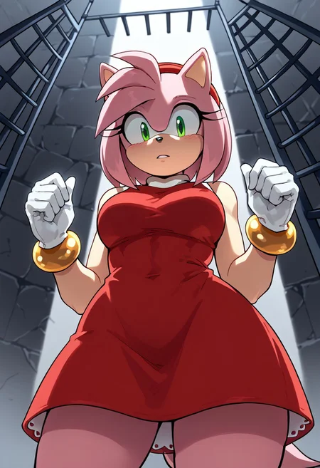 score_9, score_8_up, score_7_up, woman, from below, cowboy shot, ScrilopolisArtStyle, /Amy Rose (Sonic)/ green eyes, pink fur, pink hair, animal ears, animal nose, white gloves, gloves, gold bracelets, red dress, sleeveless, red headband pink tail,, looking at viewer, seductive look, tight clothing, tight dress, skindentation, large breasts, blonde hair, medium hair, prison <lora:frombelowv11_PONY:0.9>