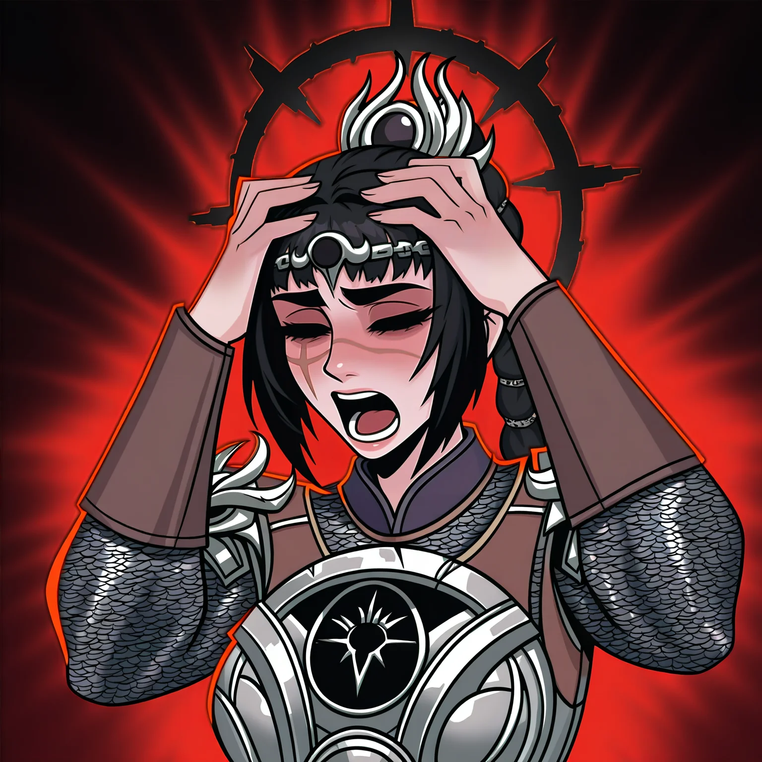 masterpiece, best quality, very aesthetic, absurdres BREAK
1girl, solo, shadowheart, black hair, braided ponytail, scar on face, circlet, armor, large breasts,
affliction, black halo, hands on own head, closed eyes, pain, open mouth,
upper body, solo, red background, black background <lora:AfflictionIllustriousXL_byKonan:1> <lora:ShadowHeartIllustrious_byKonan:0.8>
