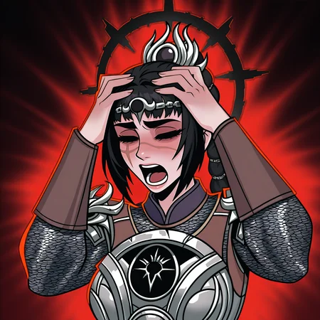 masterpiece, best quality, very aesthetic, absurdres BREAK
1girl, solo, shadowheart, black hair, braided ponytail, scar on face, circlet, armor, large breasts,
affliction, black halo, hands on own head, closed eyes, pain, open mouth,
upper body, solo, red background, black background <lora:AfflictionIllustriousXL_byKonan:1> <lora:ShadowHeartIllustrious_byKonan:0.8>